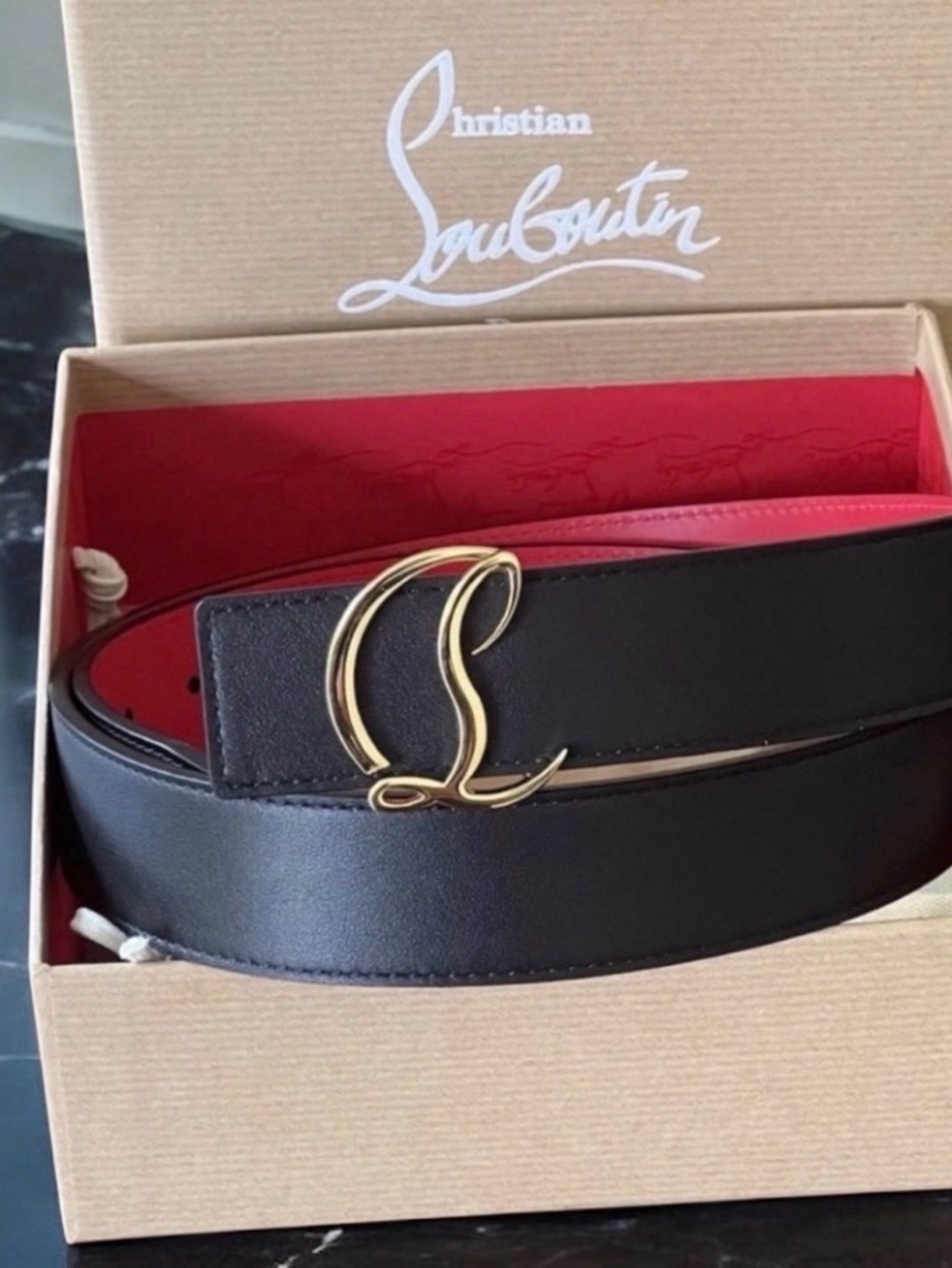 Christian Louboutin Reversible Belt Black/Red Leather Gold CL Buckle 95 IT 38 US